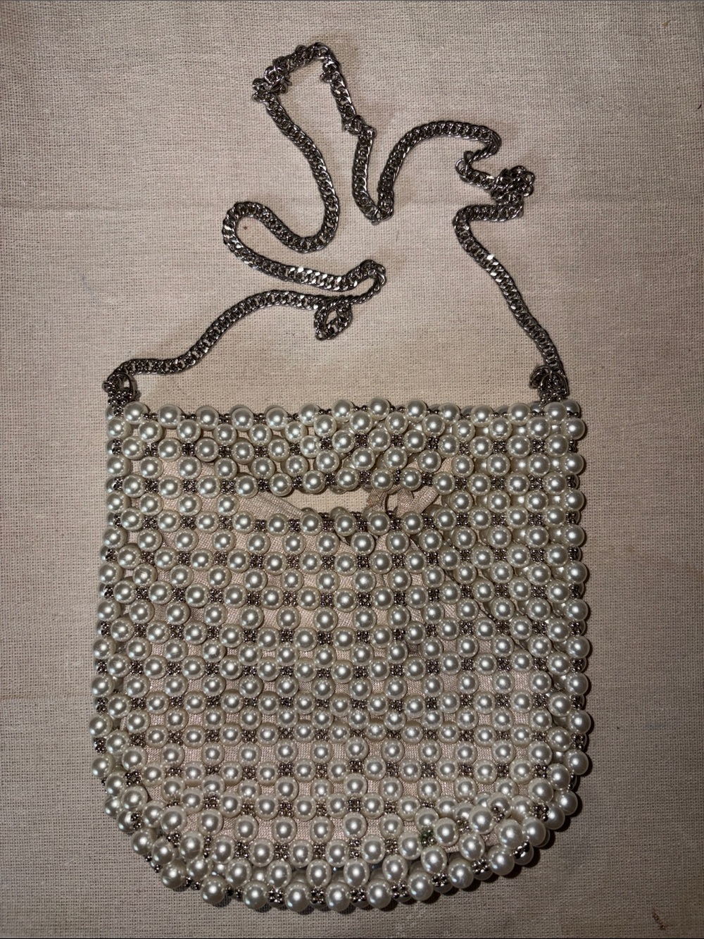 Zara Pearl-Embellished Crossbody Bag with Chain Strap - White